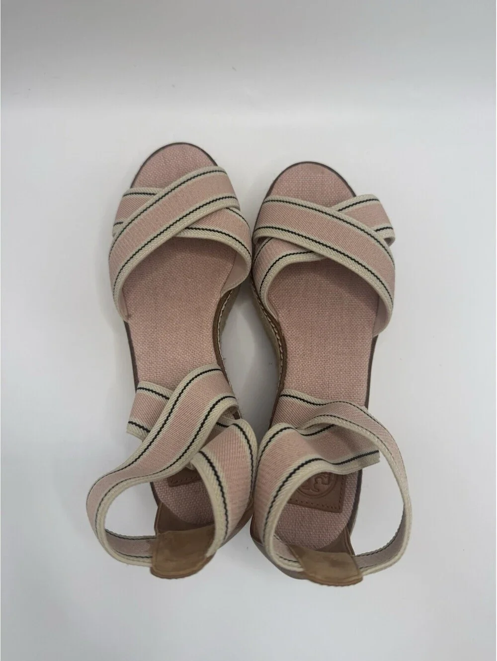 Tory Burch Women Frieda US 7 M Stripe Pink Platform Espadrille Wedge Sandal NWOB